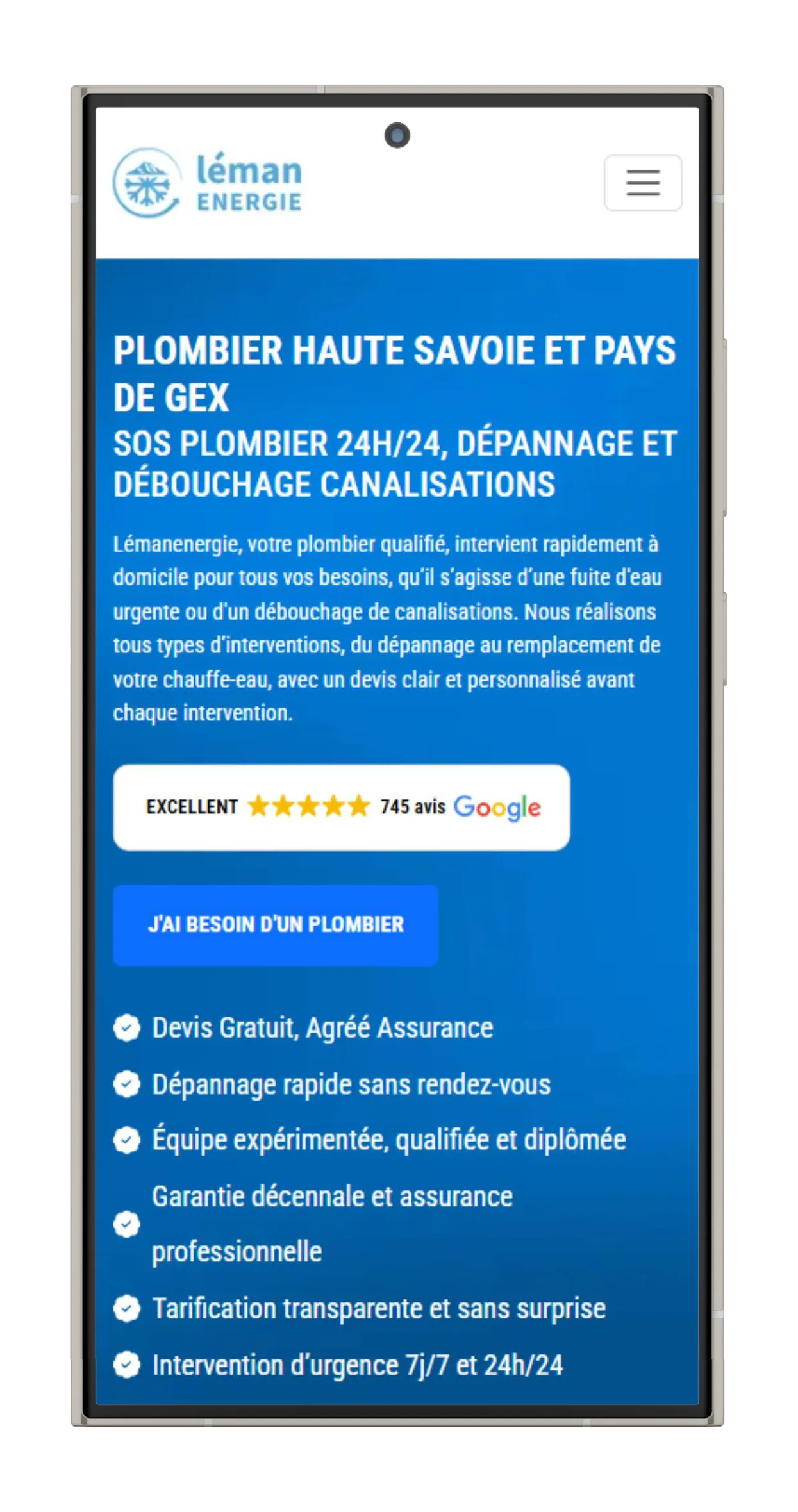 Capture d'écran du site Léman Énergie sur mobile