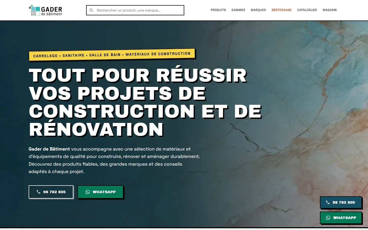Capture desktop de la page d'accueil de Gader de Bâtiment