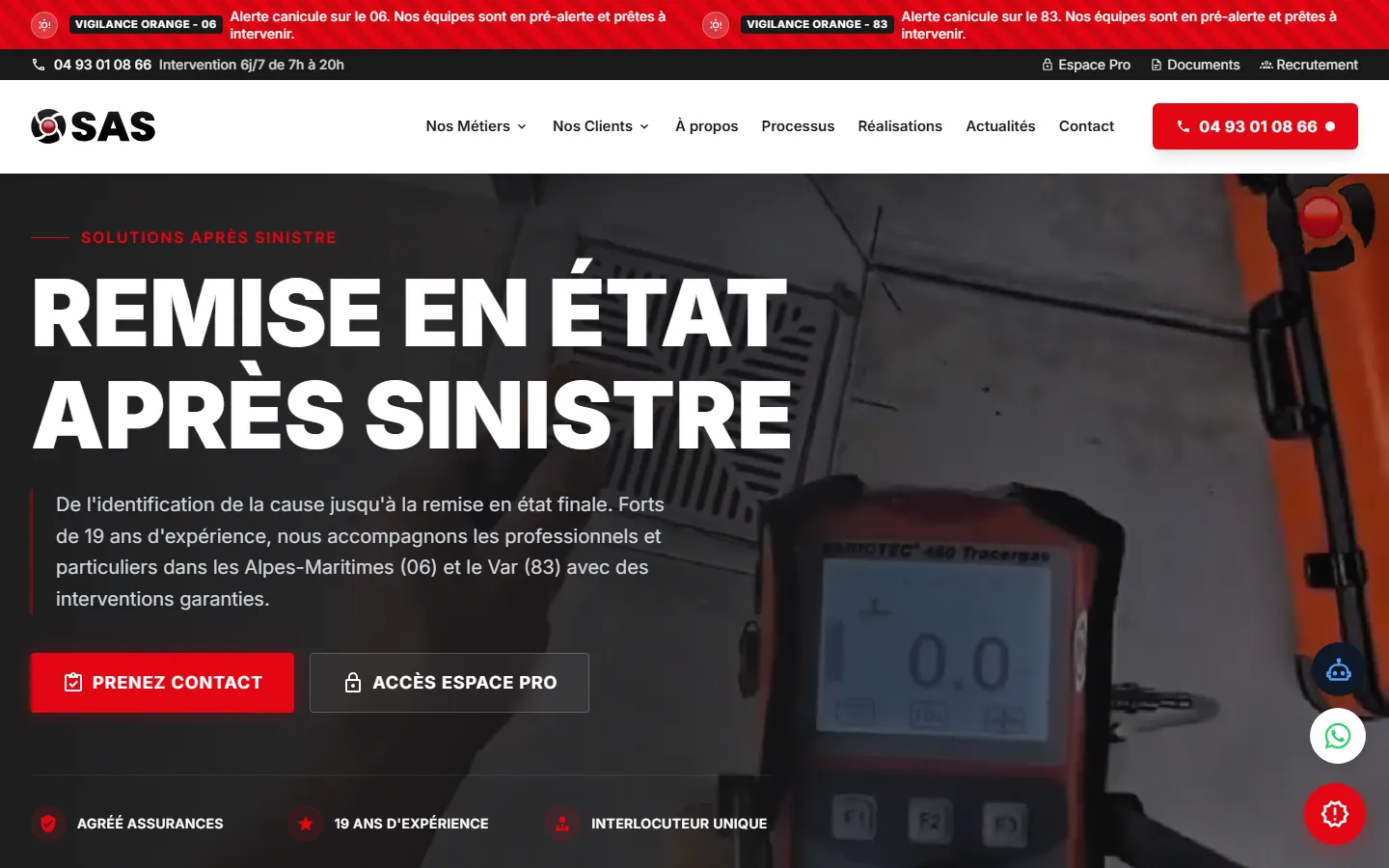 Capture desktop de la page d'accueil de Solutions Après Sinistre
